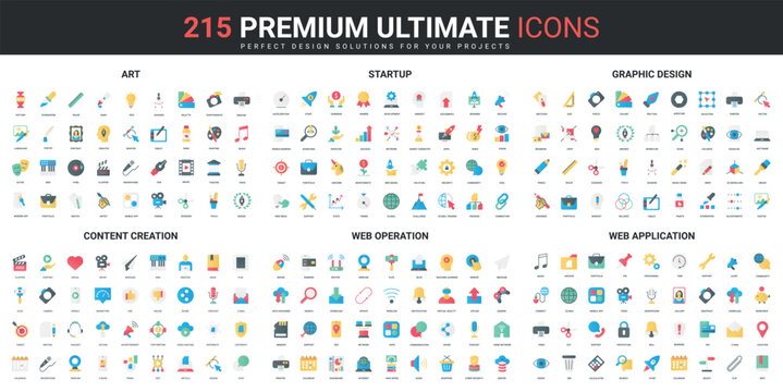 Art creation and startup, entertainment color flat icons set vector illustration. Abstract symbols and tools of creative designer, services for work and hobby simple design for mobile and web apps