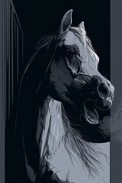 Arabian horse neighing softly with visible breath in a dim stable aisle featuring