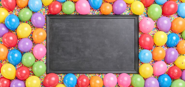 A blank chalkboard framed by bright balloons and glittering confetti creates a lively birthday card layout.