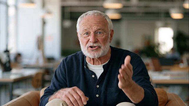 A retired male social media educator sits in an industrial co-working space under overhead lighting, elderly framing catching a candid fearful expression as he coaches a teenager