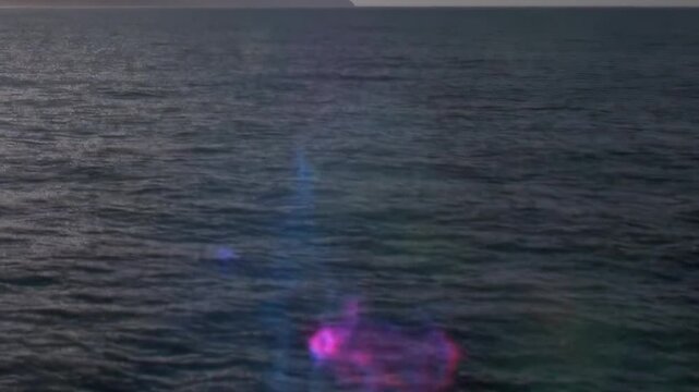 Reflected light and surface ripples move across calm cold water. Additional visible detail includes a colored lens reflection, with natural light defining the surrounding forms.