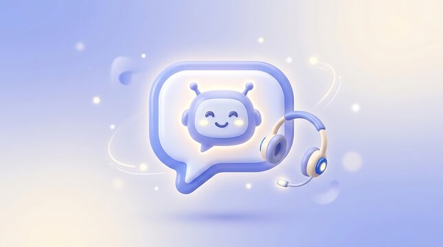 3D floating chatbot speech bubble icon with headset.