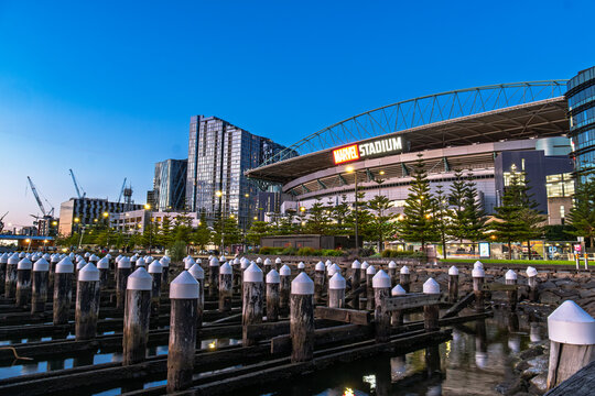Marvel Stadium viewed from Victoria Harbour waterfront in Docklands, Melbourne, Victoria, Australia
