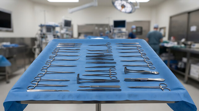 Sterile Surgical Instruments Arranged on a Blue Tray in a Modern Operating Room