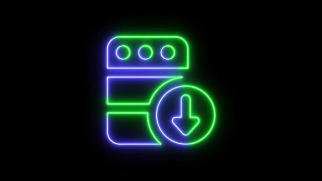 Neon glowing data download icon with server storage symbol and arrow sign