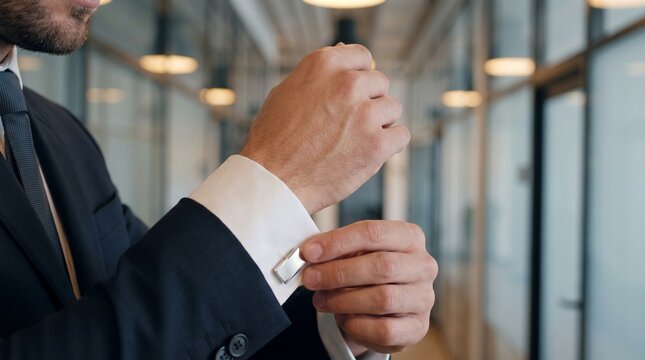 Business professional adjusting a shirt cuff before a corporate meeting, representing preparation, professionalism and attention to detail.
