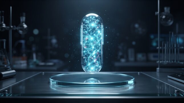 Futuristic biotechnology supplement capsule containing a luminous molecular core, illuminated in electric cyan and ice blue for pharmaceutical and scientific concepts.