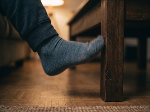 Person wearing grey socks resting foot on wooden furniture leg