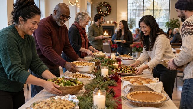 Multigenerational friends and family gather around a festive table for a welcoming potluck meal and community celebration.