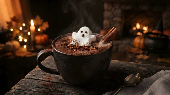 Hot chocolate in a ceramic mug topped with a ghost marshmallow and cinnamon stick by a fireplace