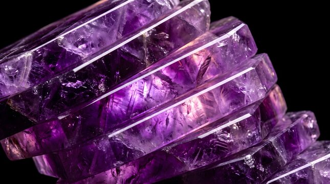 Stacked purple amethyst crystal slabs display a truly beautiful natural texture