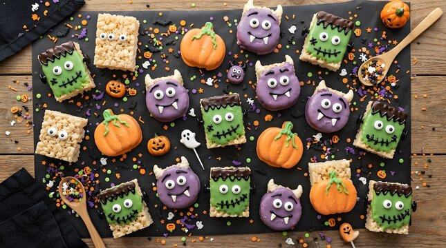 Halloween monster rice krispie treats and pumpkin cookies arranged on a black slate board