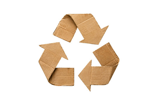 Handmade recycling symbol crafted from folded brown corrugated cardboard, isolated on a clean white background, representing sustainable packaging, waste reduction, reuse, and environmental 