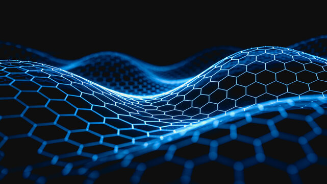 A 3D rendered wavy graphene lattice, a nanomaterial structure with hexagonal cells, used for scientific and technological concepts.