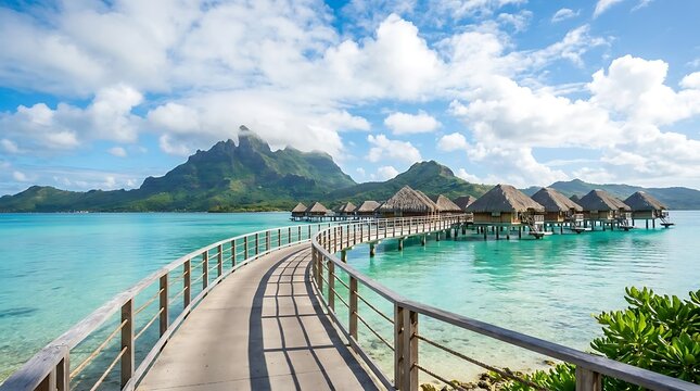 Bora bora resort with overwater bungalows and wooden pier in french polynesia