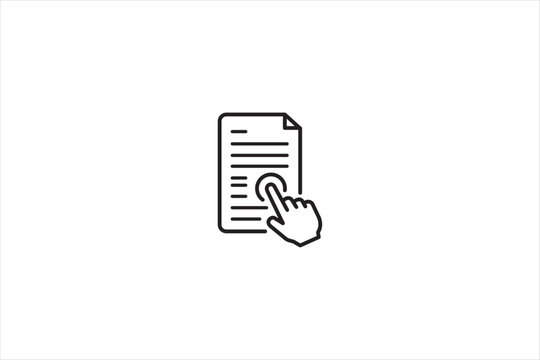 Hand clicking document icon in minimal line art style. Vector illustration for contract, agreement, terms, policy, or web UI concept.