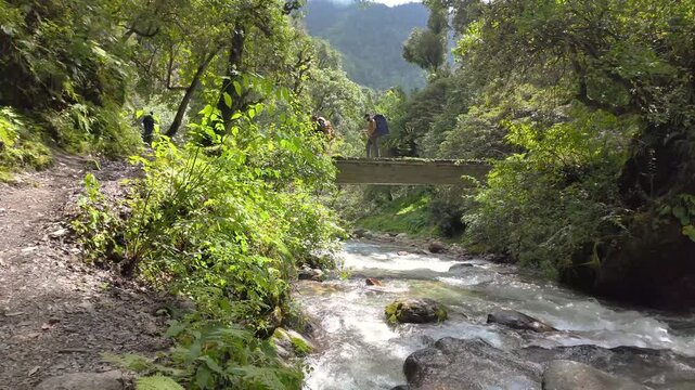 Trekkers Crossing Mountain Stream Bridge on Trail From Wan to Bedni Bugyal, Uttarakhand