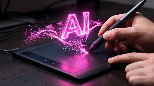 A designer uses a stylus pen emitting pink AI light hologram.