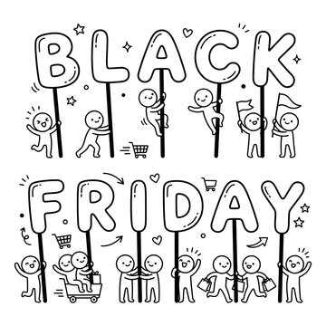 Black Friday text sign held by cute doodle characters on white background