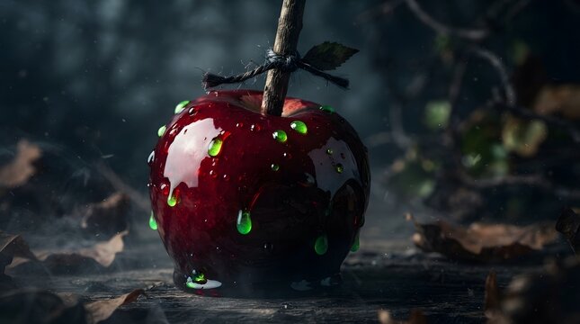 Poison candy apple with dripping green liquid on a stick in a dark moody forest for Halloween
