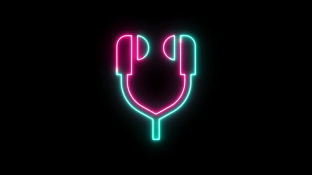 Neon glowing headphones icon with vibrant pink and blue light lines on a dark background