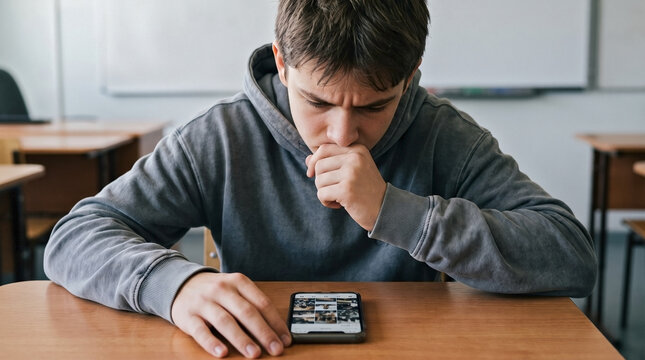 Distressed teenage boy looking at smartphone, discovering embarrassing photos shared in a group chat at school desk, illustrating cyberbullying impact, digital shaming