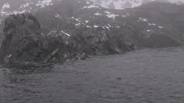 A rugged rocky coast with snow patches rises above cold water. The wider composition also shows mist, with natural light, surface texture and spatial depth remaining visible.