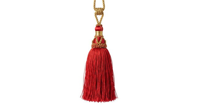 Decorative red and gold fabric tassel hanging isolated on a white background for interior design