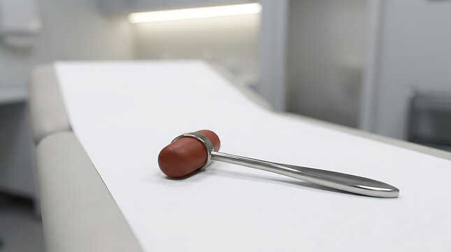 Medical reflex hammer resting on white paper in a doctor's examination room