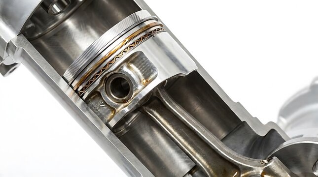 Cross section of an internal combustion engine cylinder showing metal piston and connecting rod