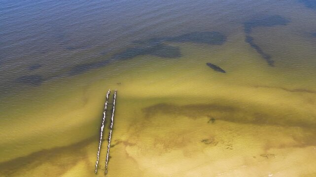Drone view of old Lapmezciems pier between Lapmezciems and Bigaunciems villages, Latvia