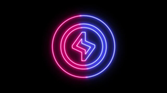 Glowing neon lightning bolt sign inside a circular frame with pink and blue light on a dark black background
