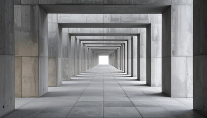 Obraz premium A symmetrical perspective of an endless concrete hallway leading to a bright light. This minimalist architectural design conveys mystery, hope, and infinity. Nobody present, no people, clean lines.