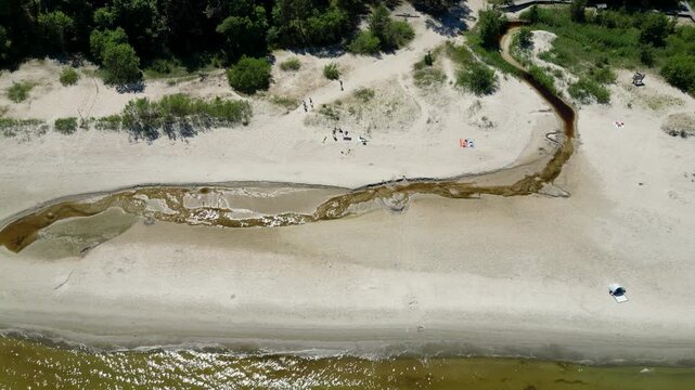 Aerial view of Silinupe mouth and beach between Lapmezciems and Bigaunciems villages, Latvia