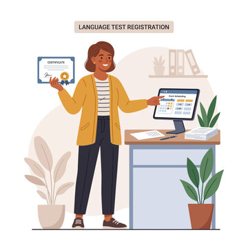 Woman registering for a language test and holding a certificate, modern flat illustration