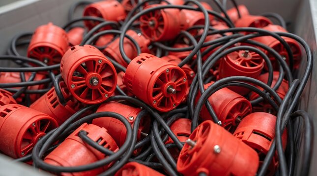 Red electric motor parts with black cables stacked in metal storage.