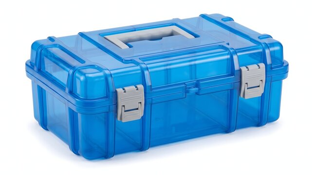 Transparent blue plastic tool box with grey handle for home organization.