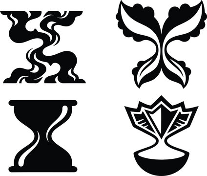 Assortment of four non-representational black and white stylized vector symbols representing fantasy game elements and icons.