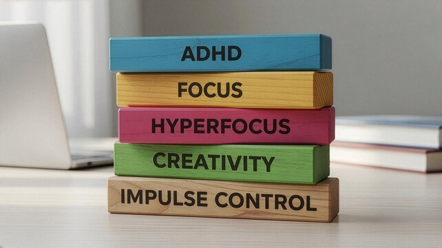 A stack of colorful wooden blocks labeled with ADHD, focus, hyperfocus, creativity, and impulse control concepts, arranged neatly on a modern, bright office desk setting