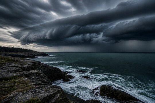 Dark storm cloud approaching rocky coastal shoreline at dusk
