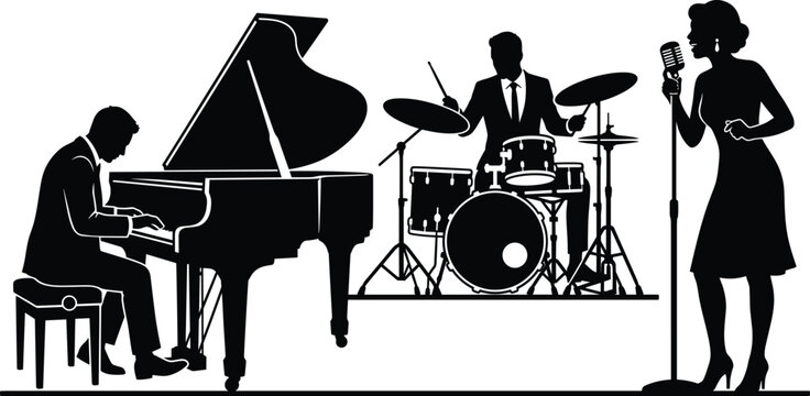 Black silhouettes of a jazz band performing with a pianist, drummer, and singer
