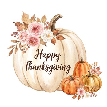 Watercolor happy thanksgiving greeting card with pumpkins and autumn flowers