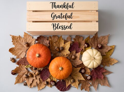 Autumn composition with pumpkins, fall leaves, and a wooden crate with text