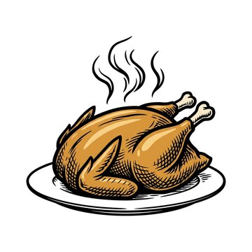 Roasted whole chicken on a plate with steam, hand drawn vector illustration