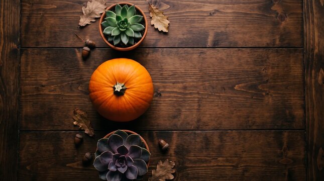 Autumn composition with pumpkin, succulents, and leaves on rustic wooden background
