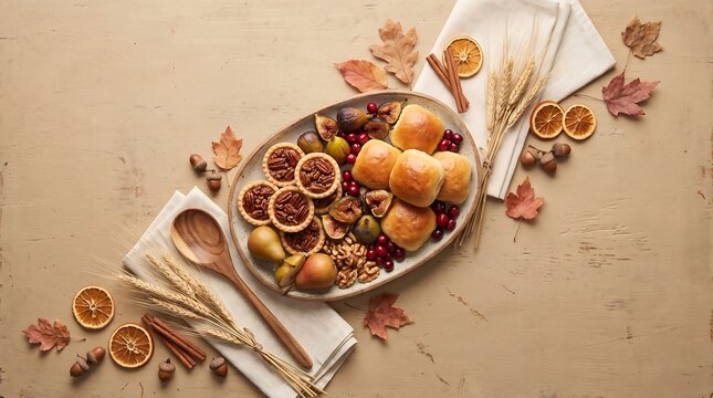Thanksgiving food platter with pecan tarts, bread rolls, fruits, and nuts