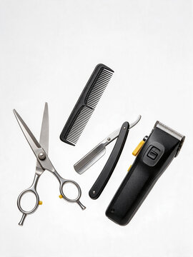 Barber Hairdressing Tools Falling on White Background