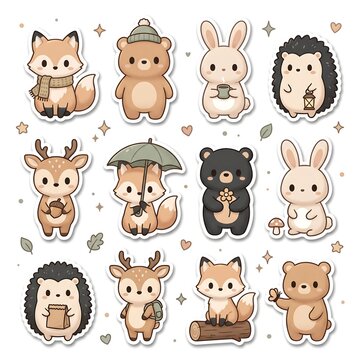 Cute woodland animals sticker set isolated on white background