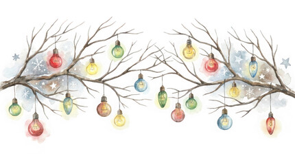 Fototapeta premium Watercolor illustration of bare tree branches with hanging colorful light bulbs isolated on transparent background