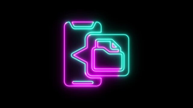 Neon glowing smartphone icon with a file folder symbol on a black background